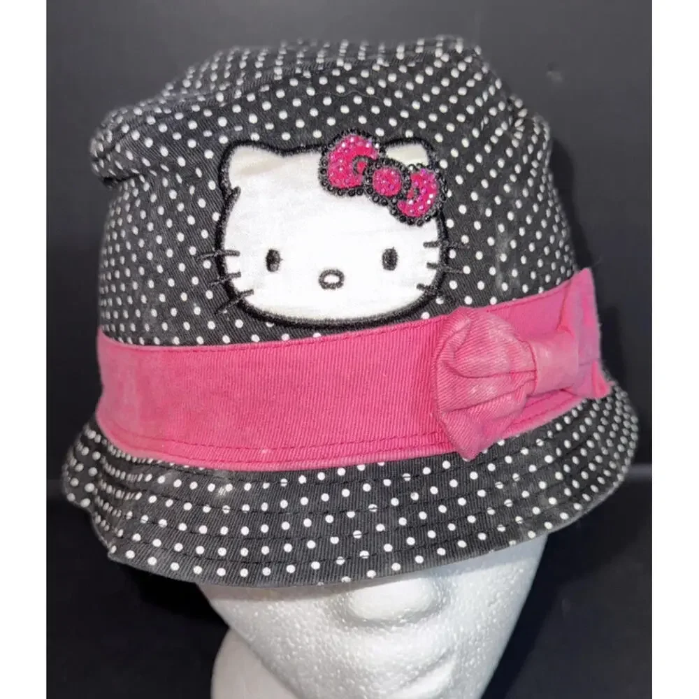 Hello Kitty Black Pink Y2K‎ Cat Cartoon Polka Dot Y2K Bucket Hat